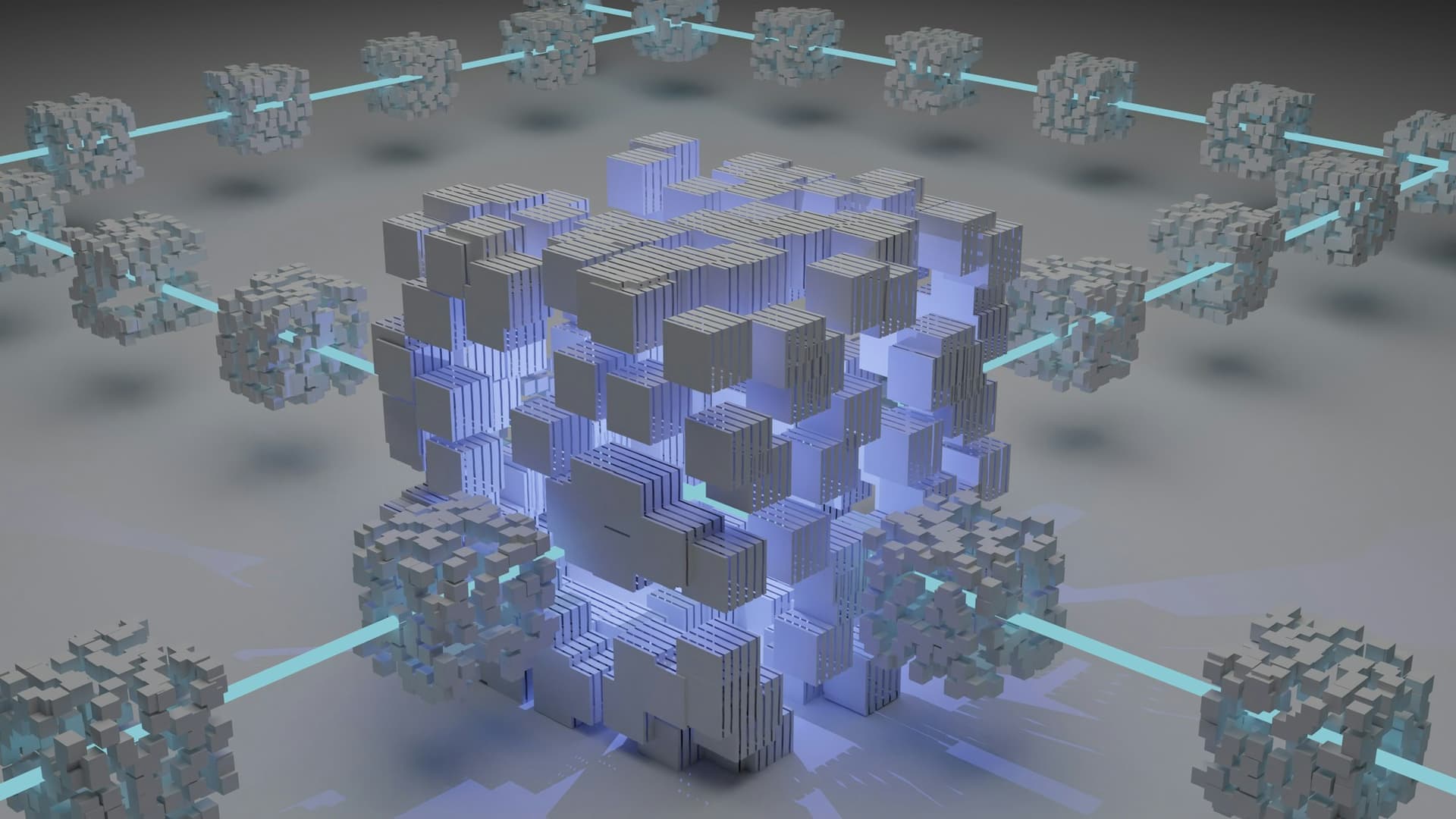 Abstract data visualization in violet and cyan