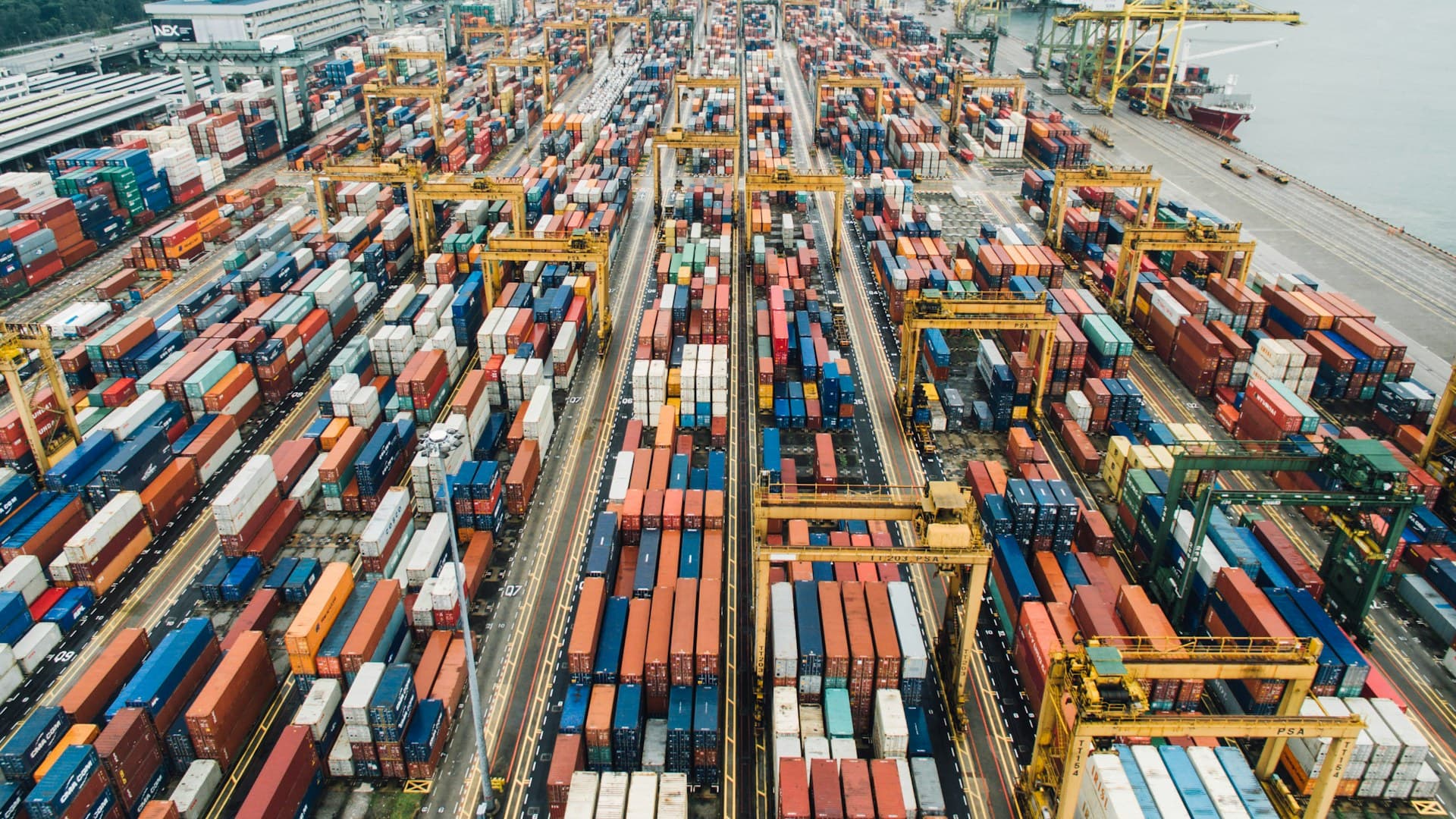 Container port with shipping cranes